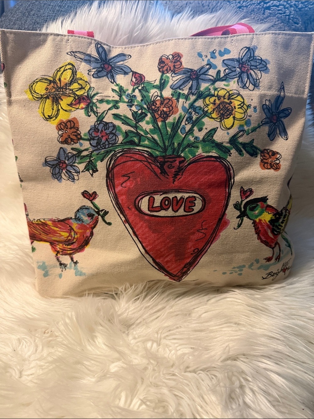 Brighton Love Tweet Canvas Tote Bag Hand Sketched Heart & Birds Floral